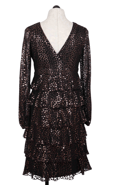 back view of V Neck Tiered Black Dress by Frank Lyman with Copper Polka Dots