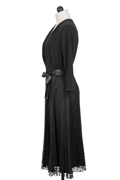 side view of black V Neck Polka Dot Mesh Skirt Dress by Frank Lyman