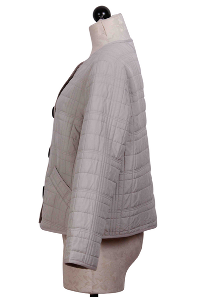 side view of Sand colored Button Front Quilt Bomber Jacket by Liv by Habitat