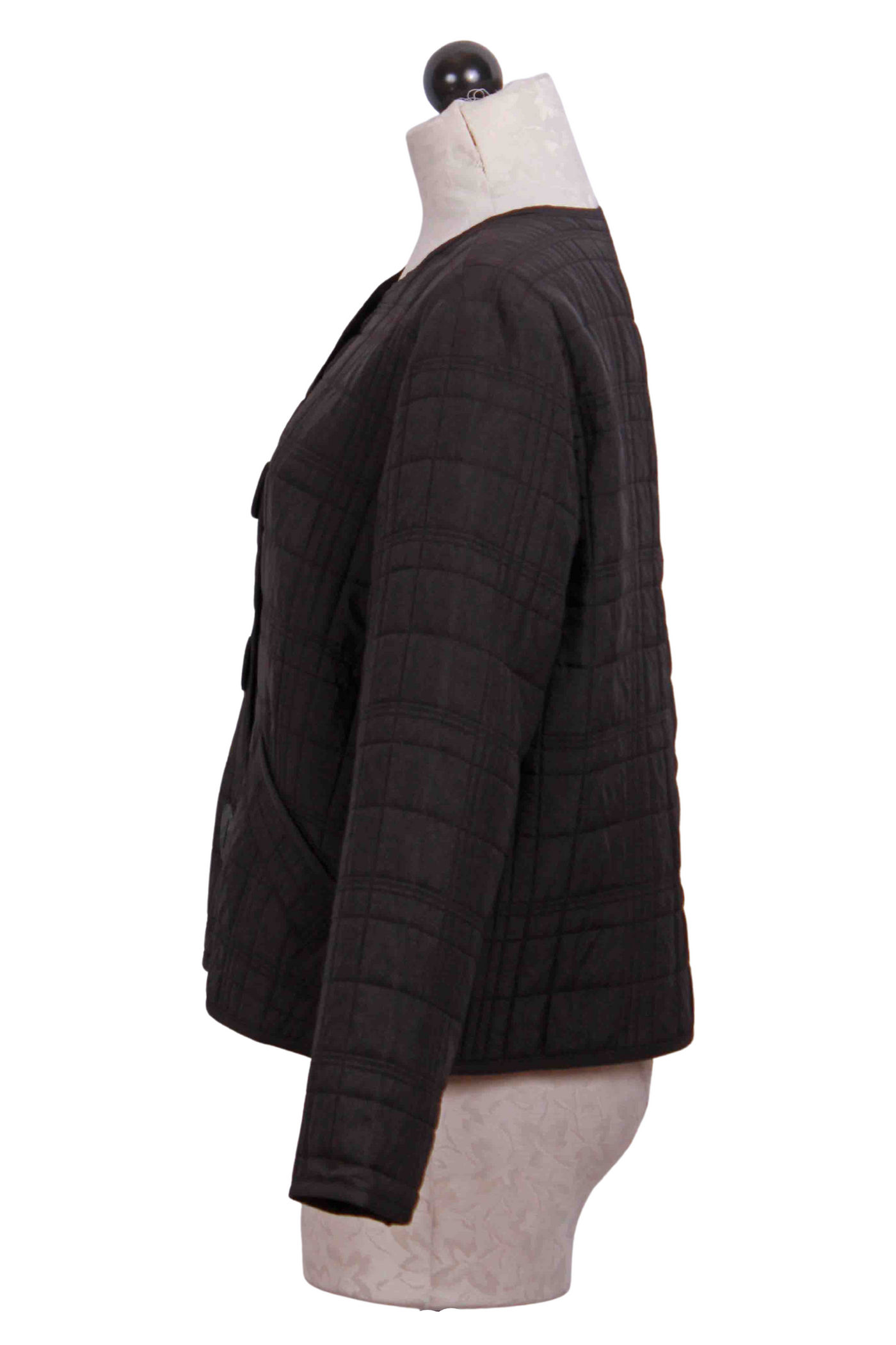 side view of Black colored Button Front Quilt Bomber Jacket by Liv by Habitat