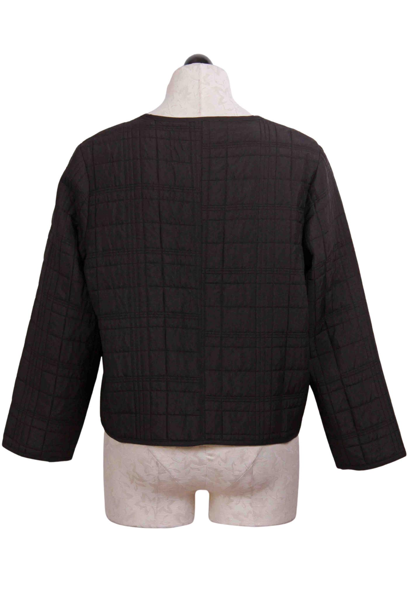 back view of Black colored Button Front Quilt Bomber Jacket by Liv by Habitat