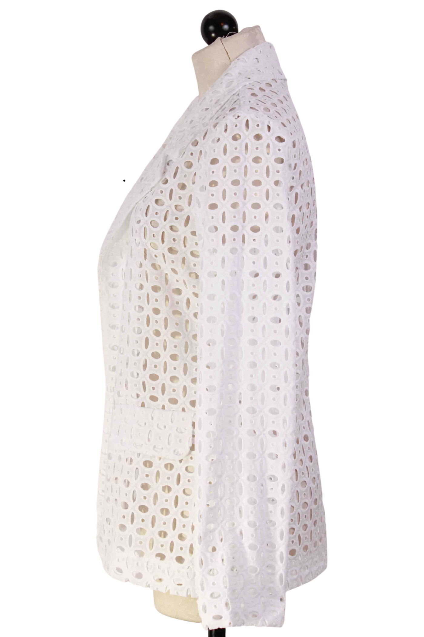 side view of White Unlined Eyelet Blazer by Frank Lyman