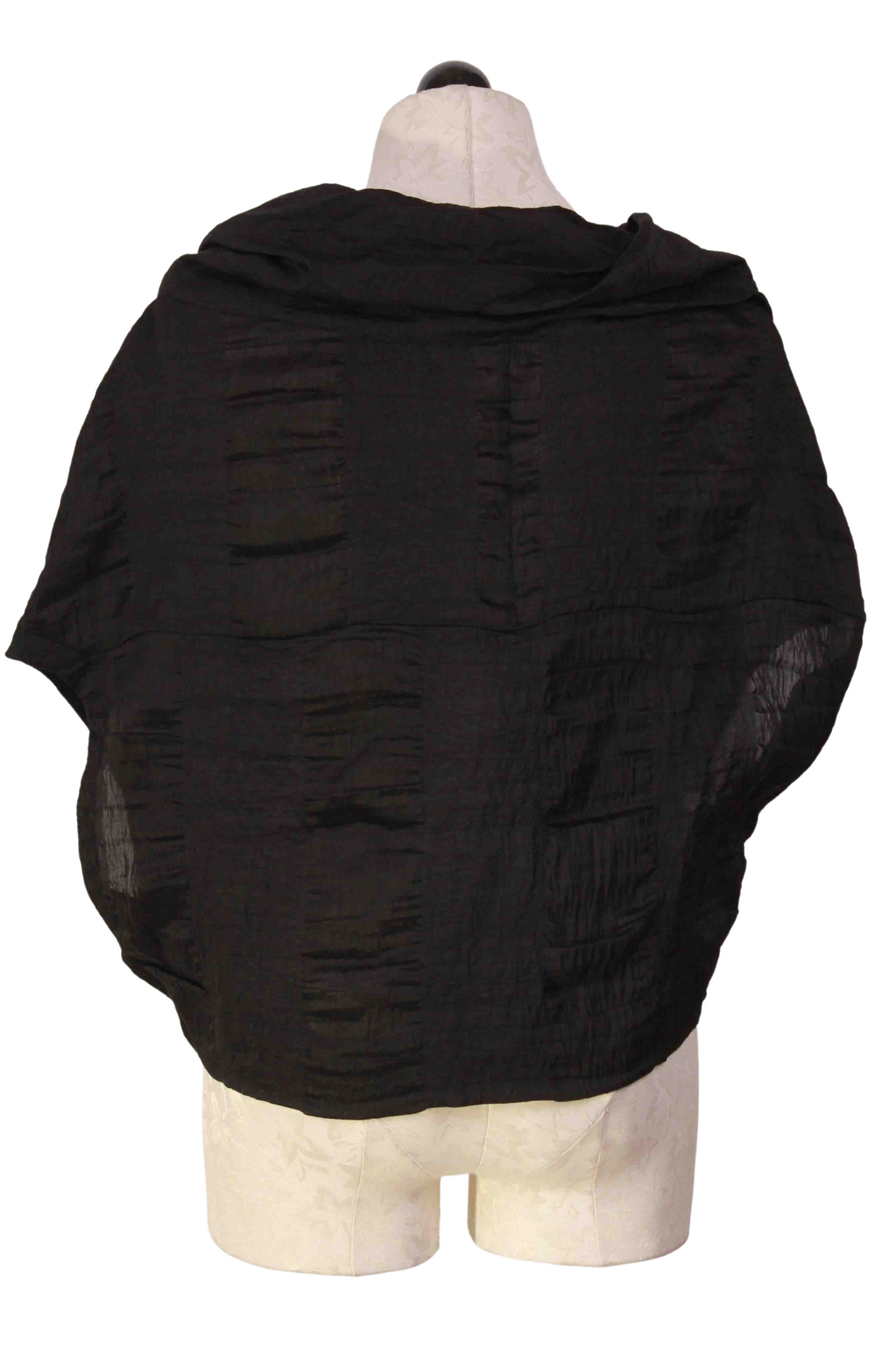 back view of Black Drape Neck Cropped Sheer Stripe Shrug by Moyuru