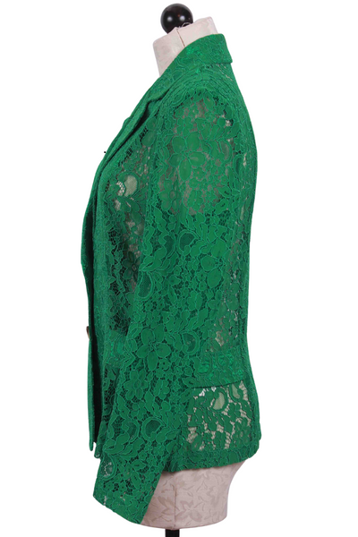 side view of Two Button Green unlined Lace Blazer by Frank Lyman 