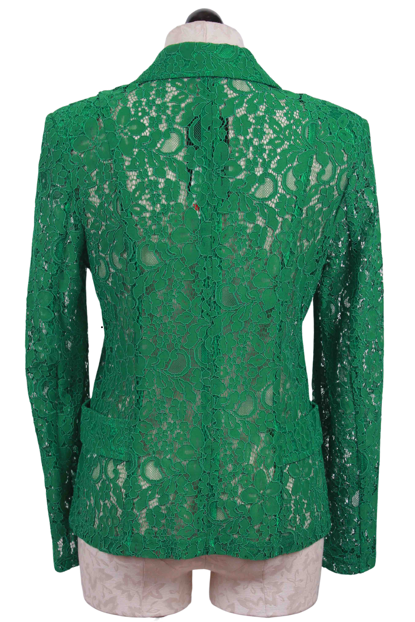 back view of Two Button Green unlined Lace Blazer by Frank Lyman 