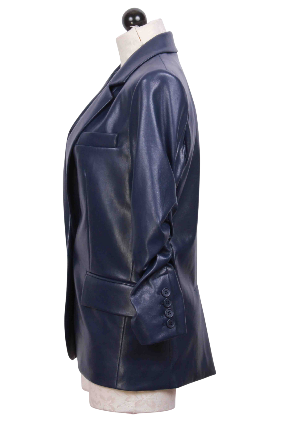 side view of Navy Millie Vegan Leather Blazer by Generation Love