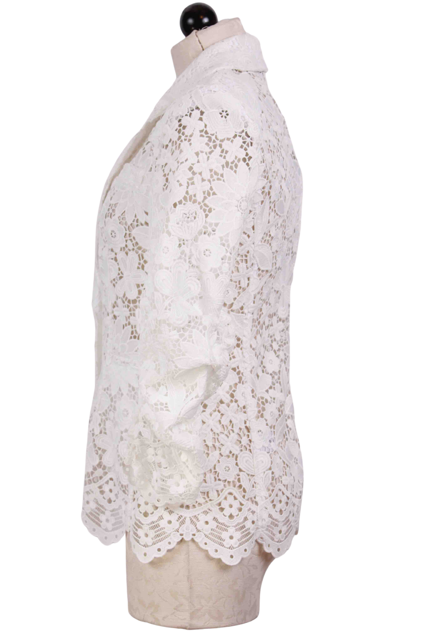 side view of Madison White Lace Blazer by Generation Love with their Signature ruched sleeves