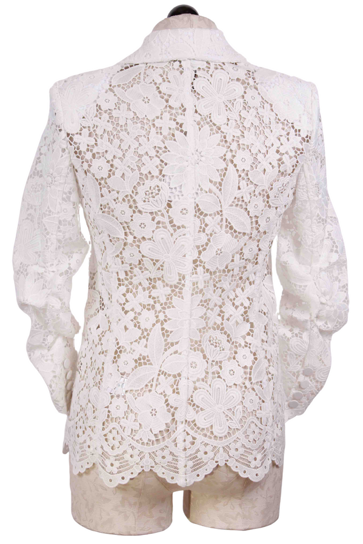 back view of Madison White Lace Blazer by Generation Love with their Signature ruched sleeves