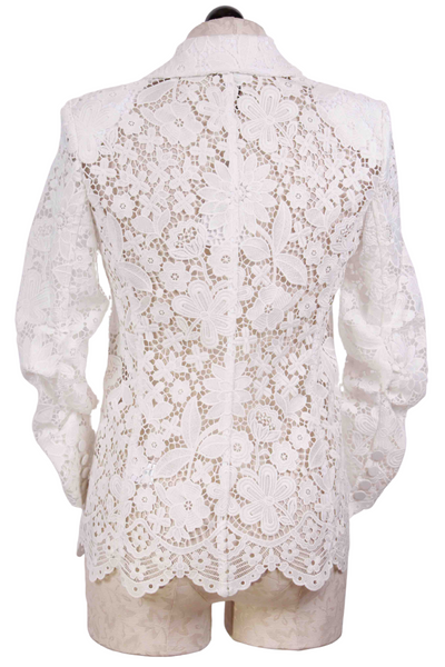 back view of Madison White Lace Blazer by Generation Love with their Signature ruched sleeves