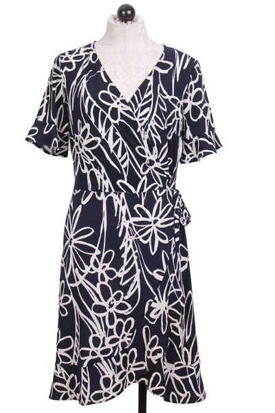 navy and white Short Ruffle Sleeve faux wrap dress by Frank Lyman