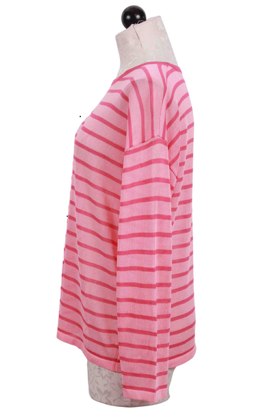 side view of Pink Loose Fitting Lightweight Striped Sweater by Compania Fantastica