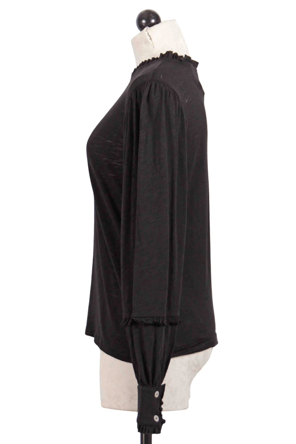 side view of black Long Sleeve Ruffle Crew Neck Tee by Goldie Tees with a Double Later Cuff