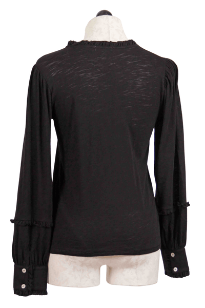 back view of black Long Sleeve Ruffle Crew Neck Tee by Goldie Tees with a Double Later Cuff