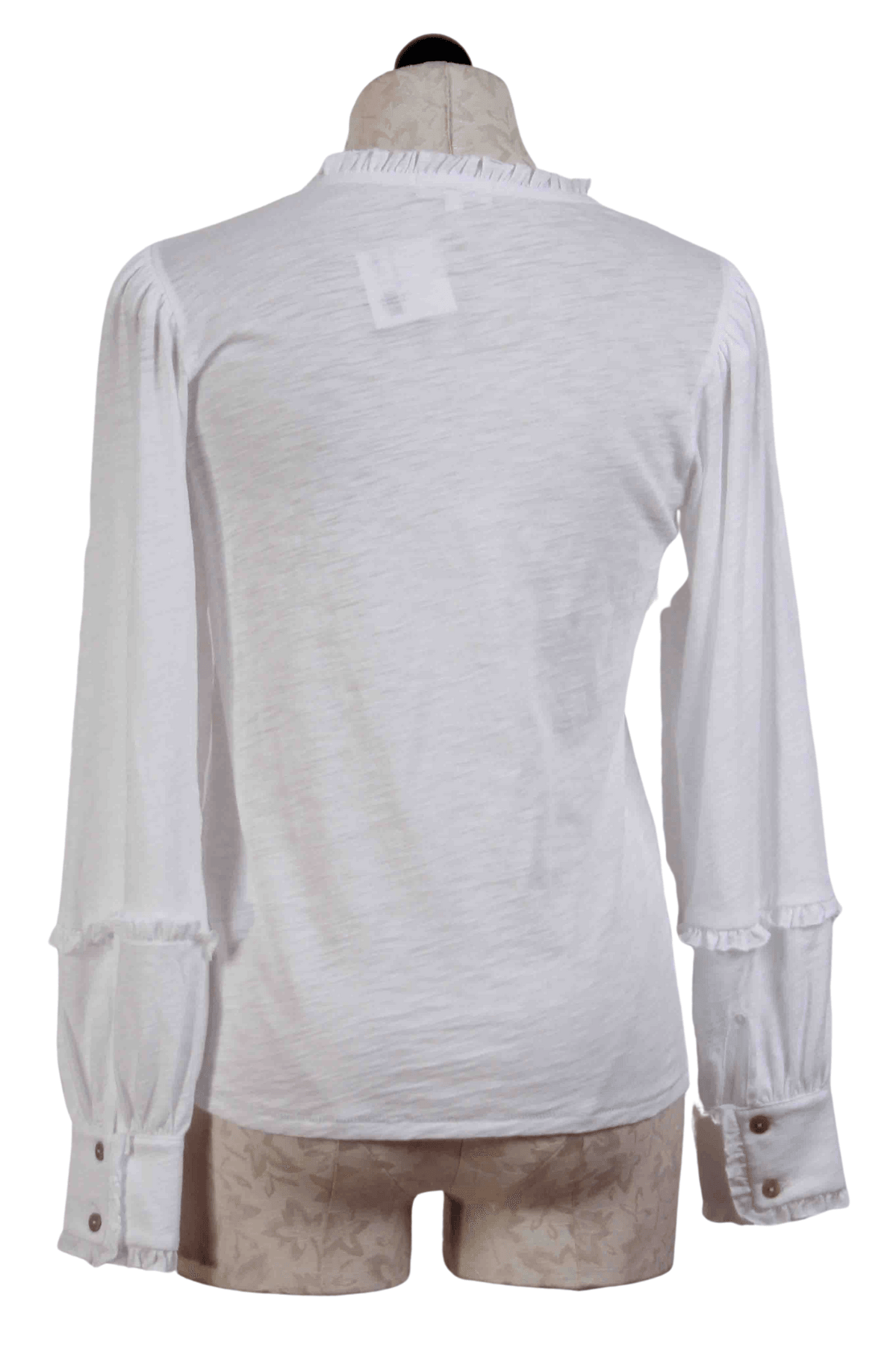 back view of white Long Sleeve Ruffle Crew Neck Tee by Goldie Tees with a Double Later Cuff