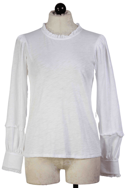 white Long Sleeve Ruffle Crew Neck Tee by Goldie Tees with a Double Later Cuff