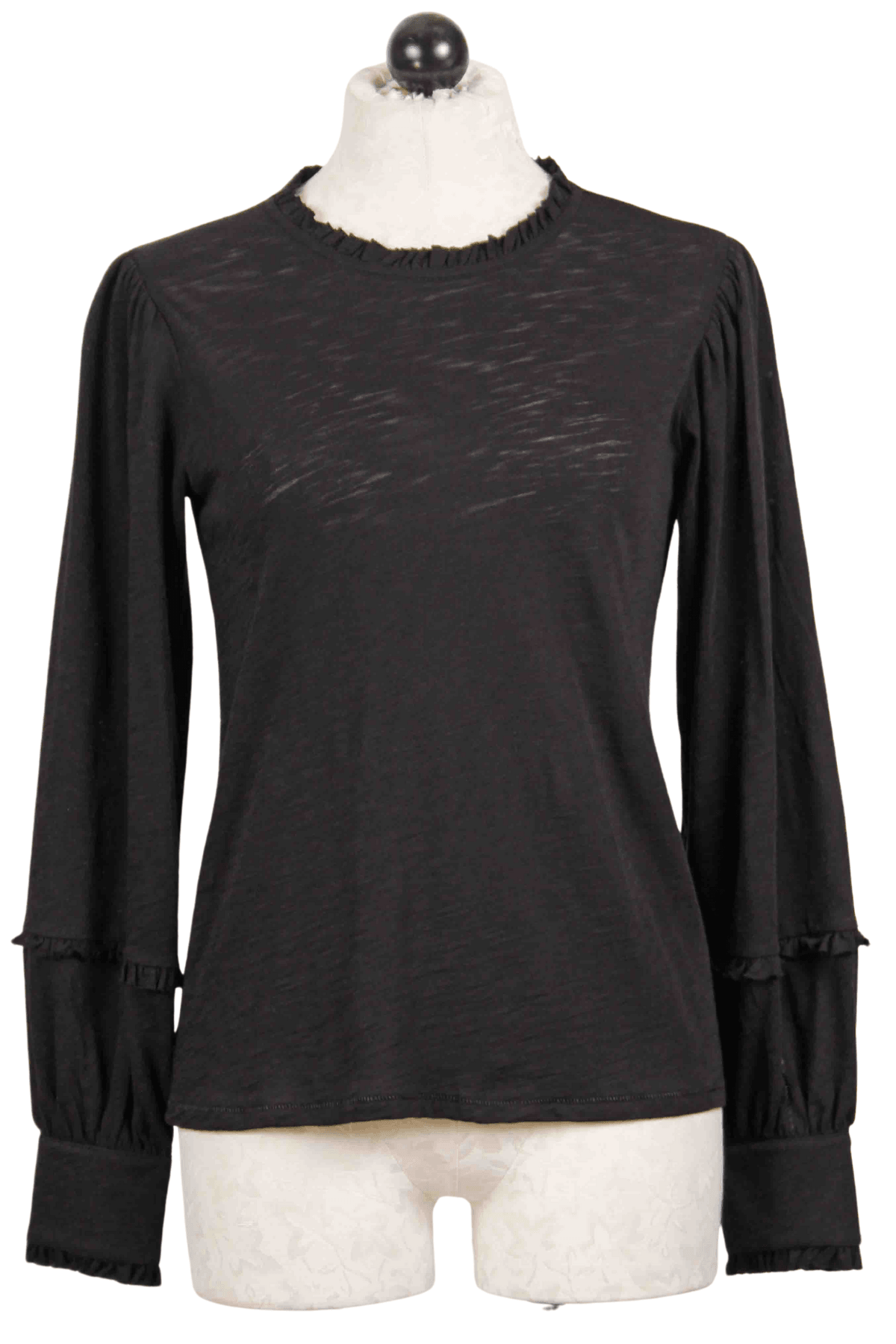 black Long Sleeve Ruffle Crew Neck Tee by Goldie Tees with a Double Later Cuff