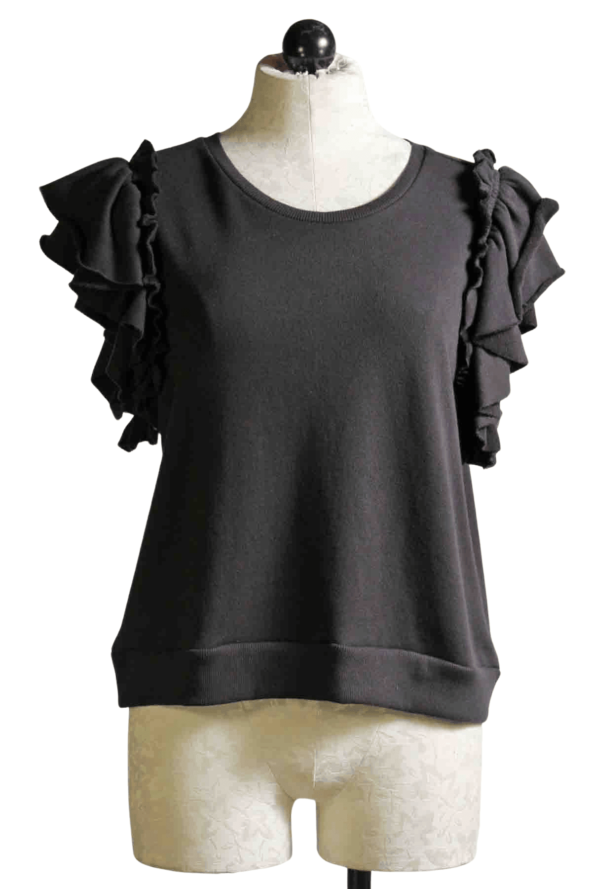 black French Terry Ruffle Shouldered Sleeveless Sweatshirt by Goldie LeWinter