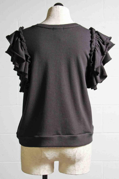 back view of French Terry Ruffle Shouldered Sleeveless Sweatshirt by Goldie LeWinter