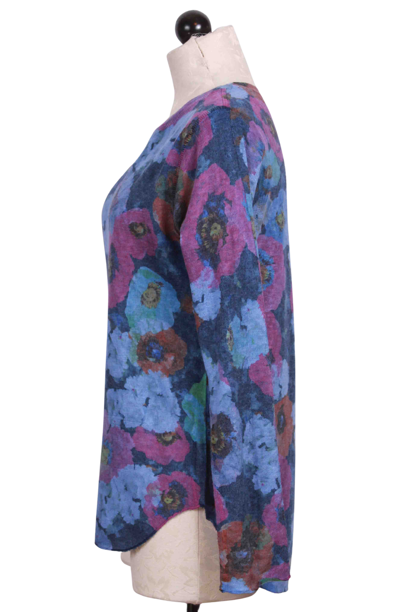 side view of Long Sleeve Purple and Blue Mix Floral Top by Nally and Millie