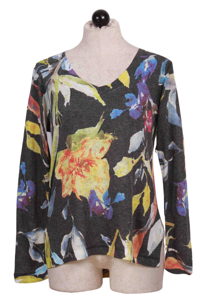 Black Multi Long Sleeve V Neck Abstract Floral Printed Top by Nally and Millie