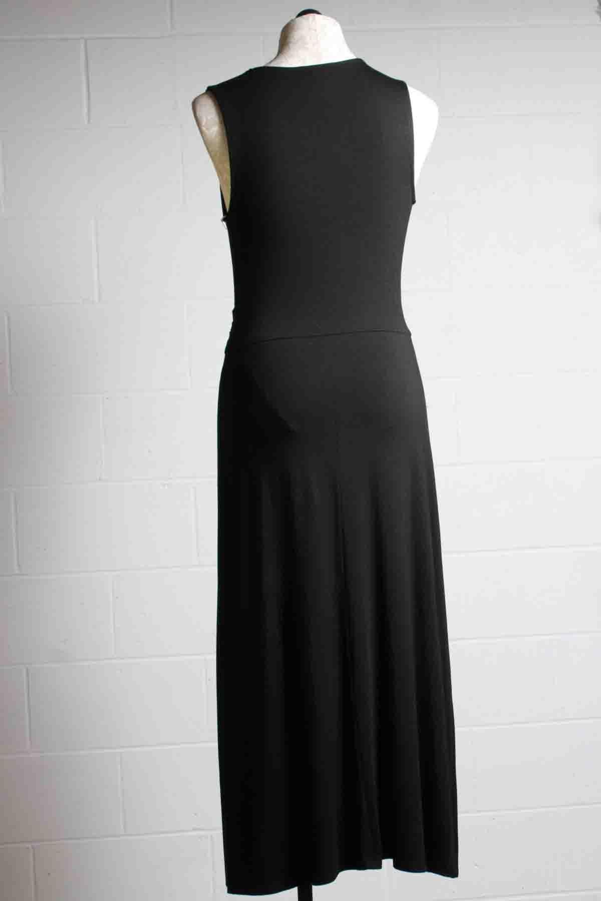 back view of Black Sleeveless Drape Front Midi Length Dress by Fifteen Twenty