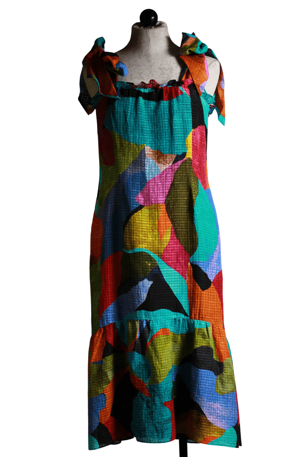Colorful Patchwork Maya Midi Bow Tied Shoulder Tank Style Dress by Marie Oliver