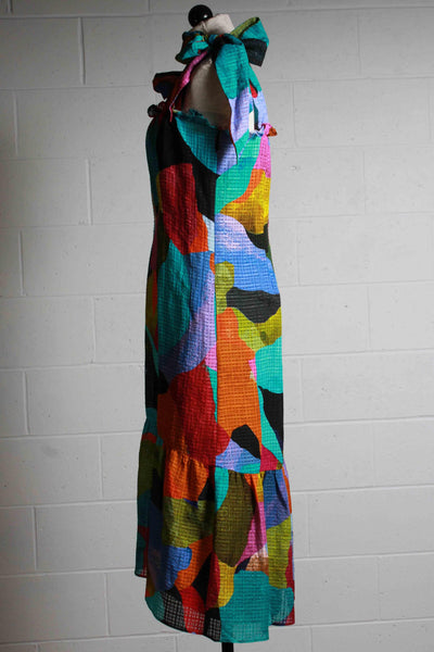 side view of Colorful Patchwork Maya Midi Bow Tied Shoulder Tank Style Dress by Marie Oliver