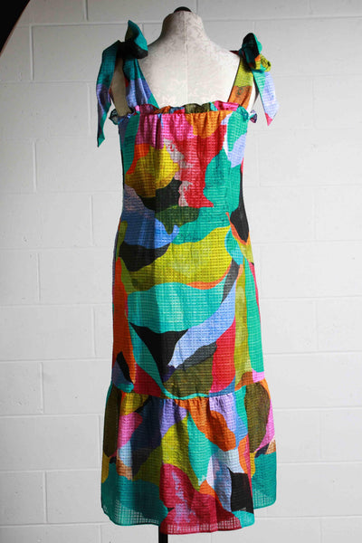 back view of Colorful Patchwork Maya Midi Bow Tied Shoulder Tank Style Dress by Marie Oliver