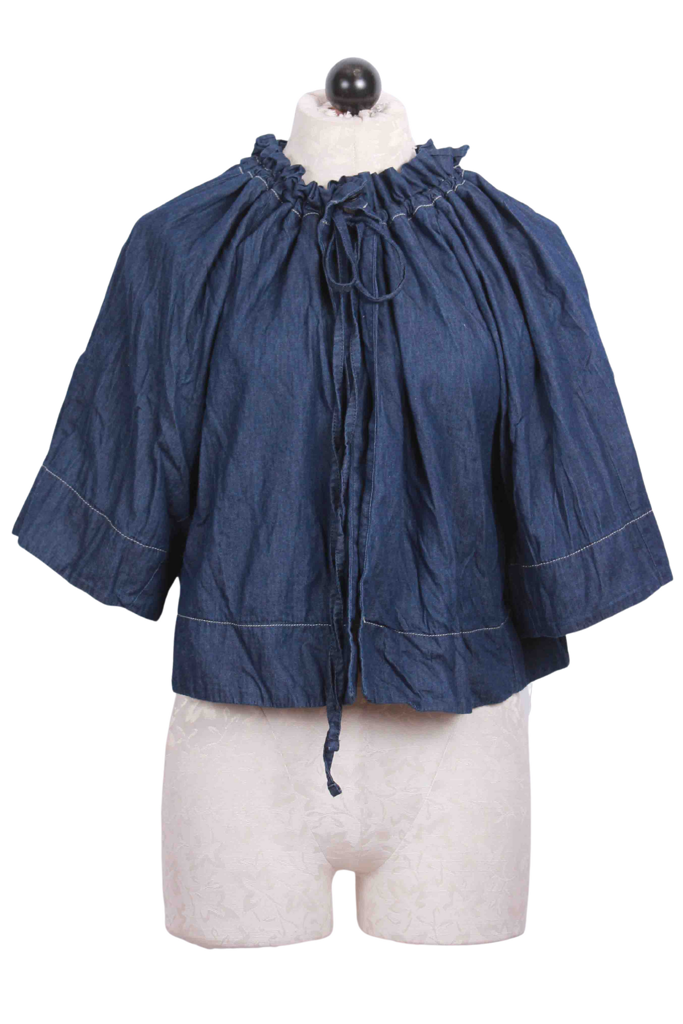 Short Sleeve Drawstring Neck Crinkle Denim Jacket by Ozai N Ku