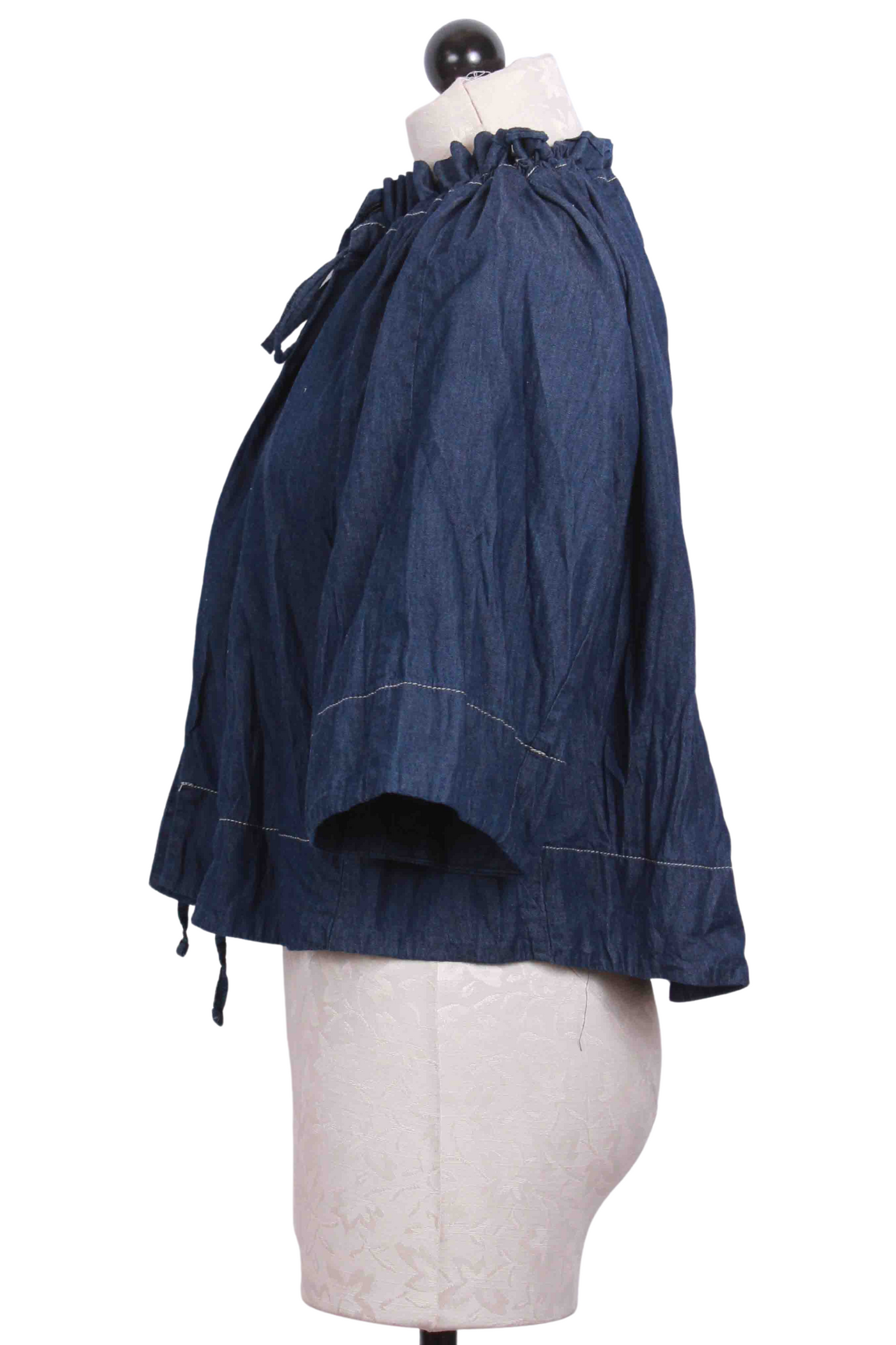 side view of Short Sleeve Drawstring Neck Crinkle Denim Jacket by Ozai N Ku