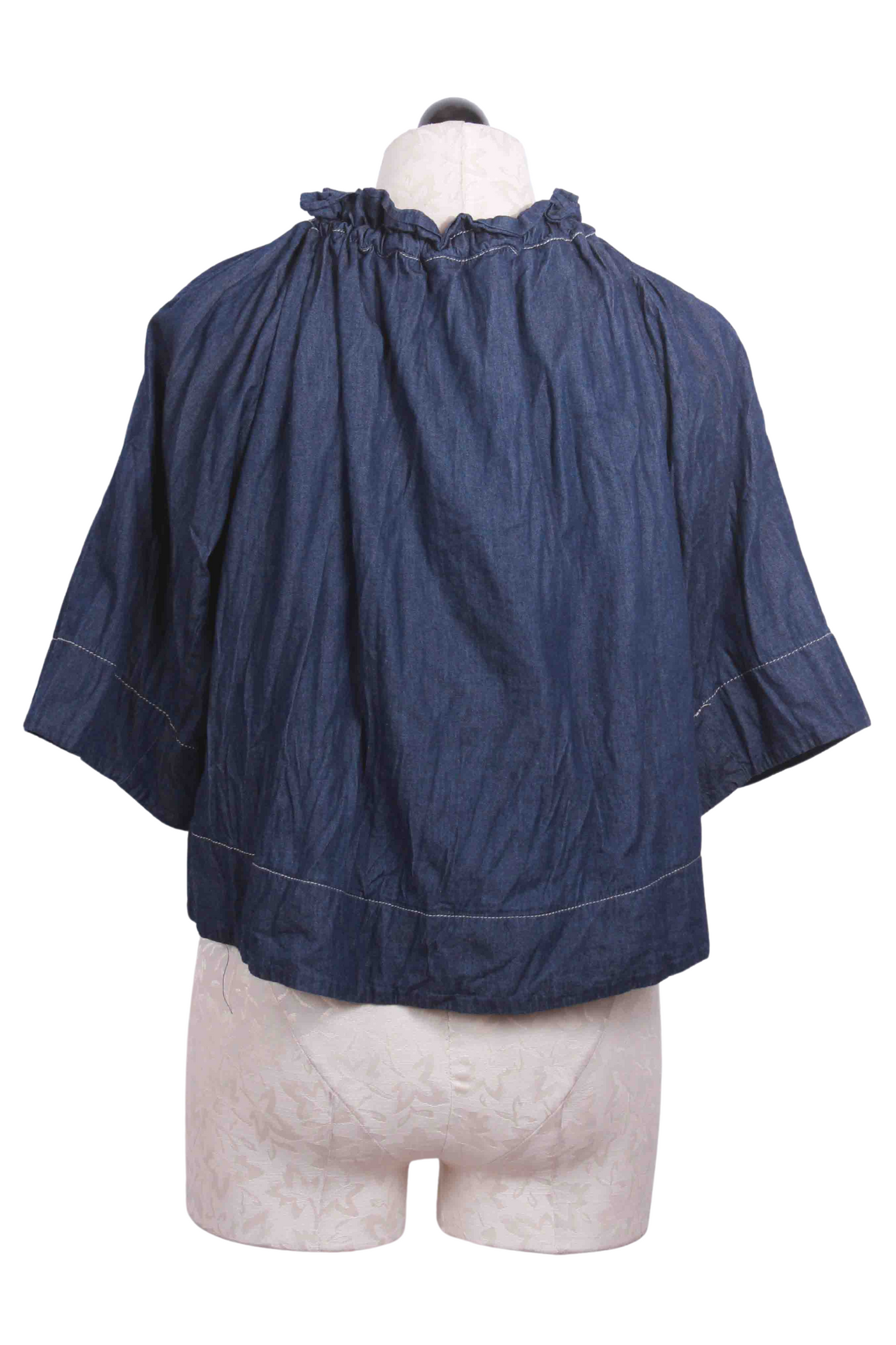 back view of Short Sleeve Drawstring Neck Crinkle Denim Jacket by Ozai N Ku
