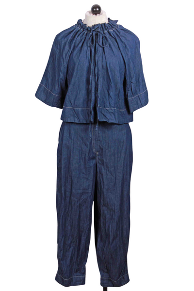 Short Sleeve Drawstring Neck Crinkle Denim Jacket by Ozai N Ku with matching cropped pants by Ozai n Ku