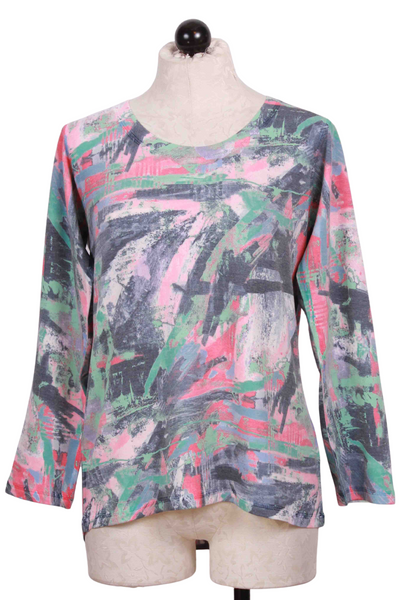 Abstract Multicolored Printed Scoop Neck Long Sleeve Top by Nally and Millie with