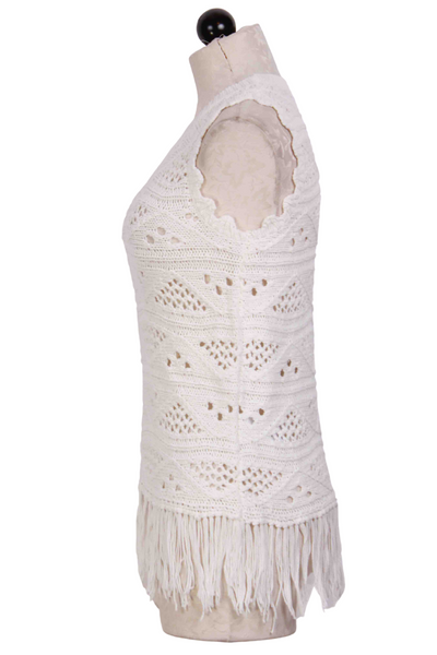 side view of Off White Bodhi Fringed Crocheted Vest by Another Love