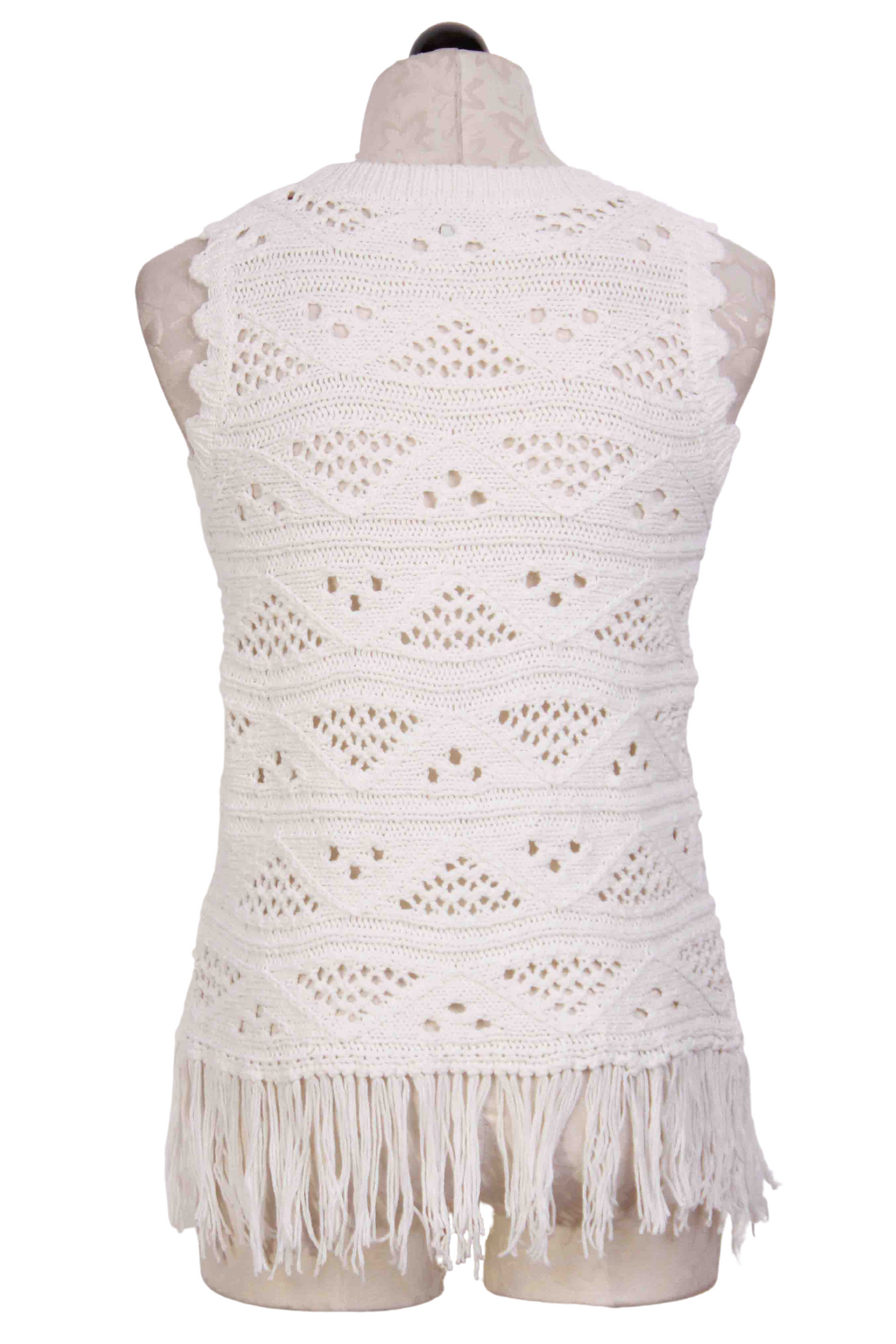 back view of Off White Bodhi Fringed Crocheted Vest by Another Love