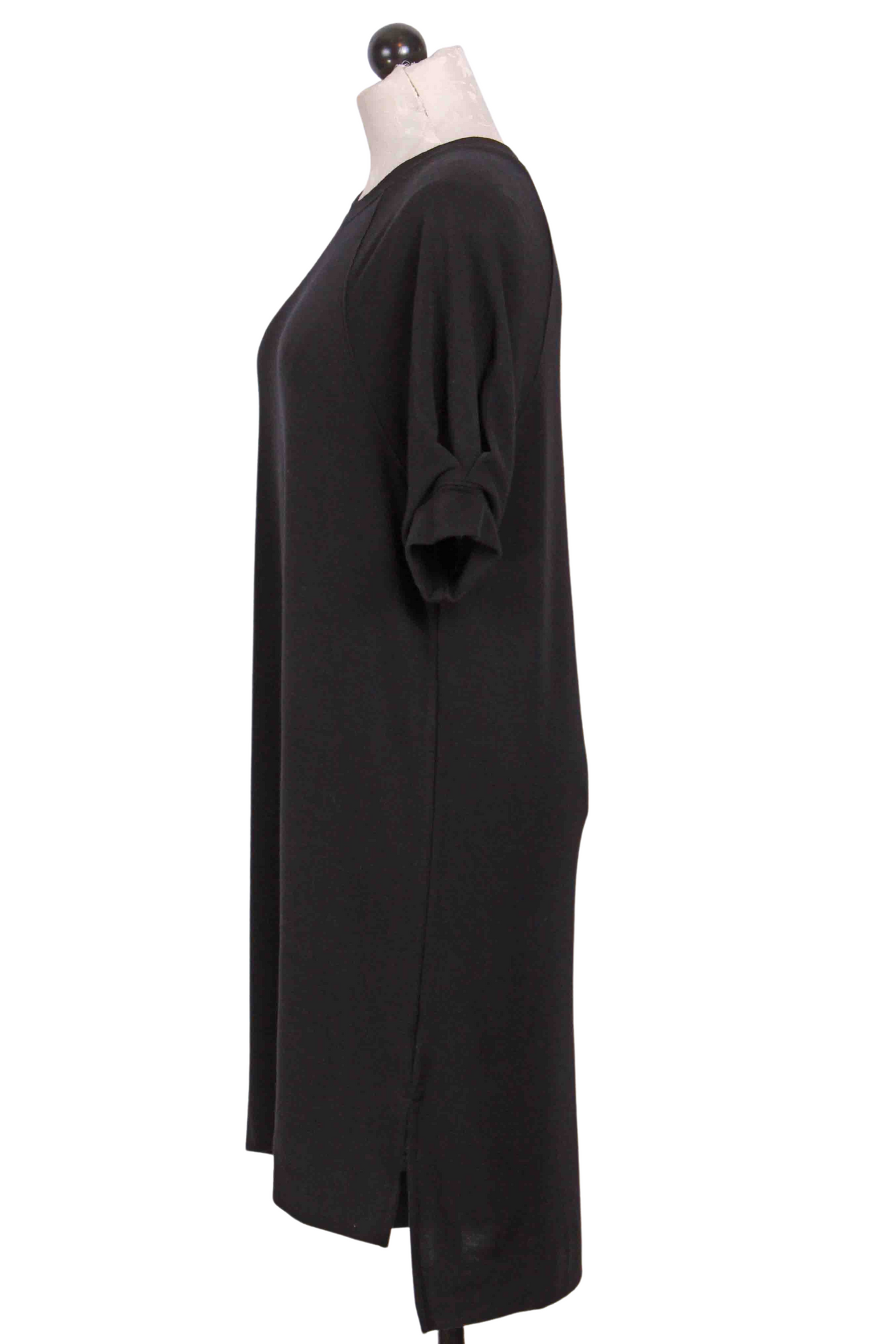 side view of Black Pleated Short Sleeve Dress by Nally and Millie