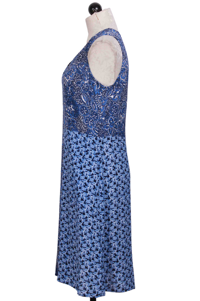 side view of Denim Floral Mix Sleeveless Mixed Pocket Dress by Habitat