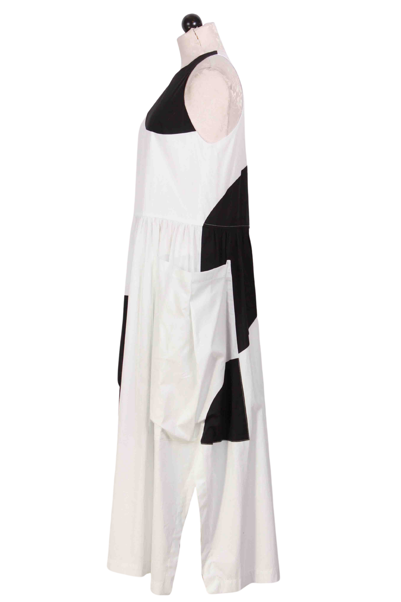 side view of Black and White Sleeveless Large Circle Tank Dress by Alembika