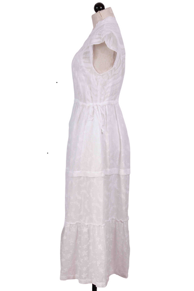 side view of White Embroidered Vitaly Midi Dress with Slip by Johnny Was