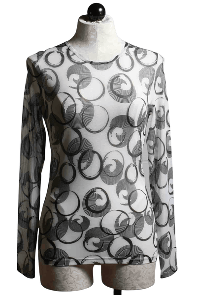 White Sheer Mesh long sleeve Mika Top by Kozan with black circles and curls