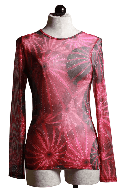 Mika Sea Urchin long sleeve sheer mesh tee by Kozan that look like big red, fuschia and black Sea Urchin Shells 
