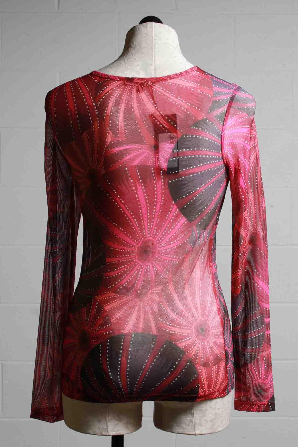 back view of Mika Sea Urchin long sleeve sheer mesh tee by Kozan that look like big red, fuschia and black Sea Urchin Shells