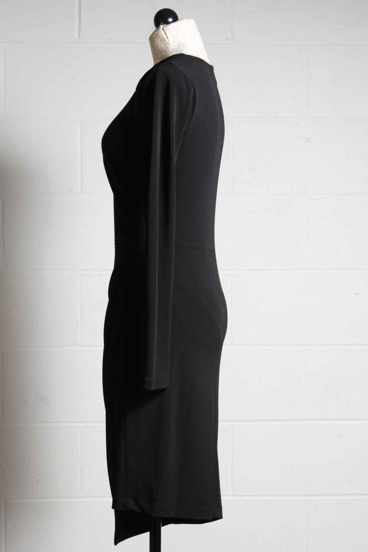 side view of Draped side Crepe dress in black by Fifteen Twenty