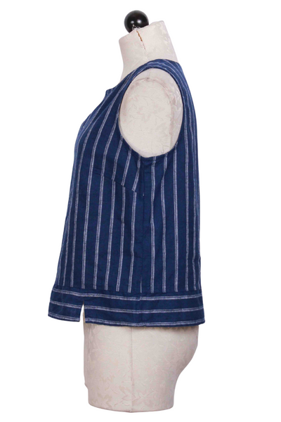 side view of Indigo Blues Striped Linen Boatneck Shell by Habitat