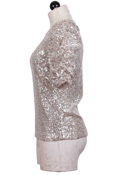 side view of Champagne Sequin Mesh Puff Sleeve Top by Fifteen Twenty