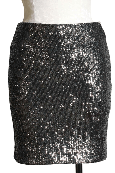 steel colored straight Sequin Skirt by Fifteen Twenty with an elastic waist and is fully lined