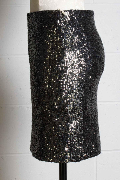 side view of steel colored straight Sequin Skirt by Fifteen Twenty with an elastic waist and is fully lined
