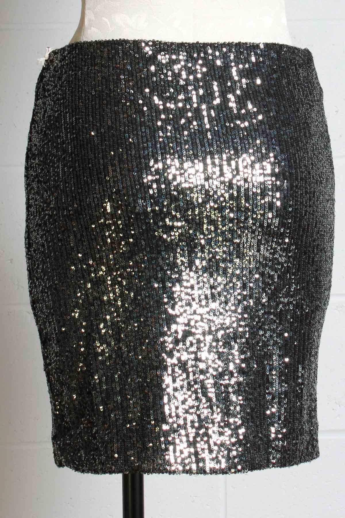 back view of steel colored straight Sequin Skirt by Fifteen Twenty with an elastic waist and is fully lined