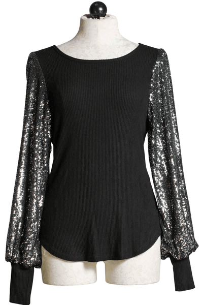 black ribbed knit top by Fifteen Twenty with sequined blouson sleeves