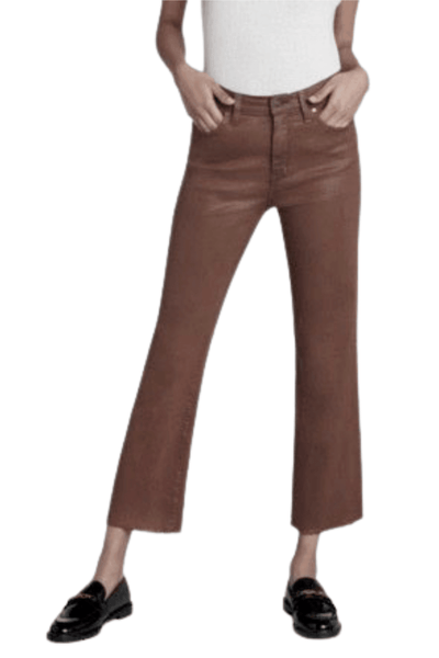 Angel Jean in Coated Caramel by Principal Denim has a high rise fit and a cropped flared leg